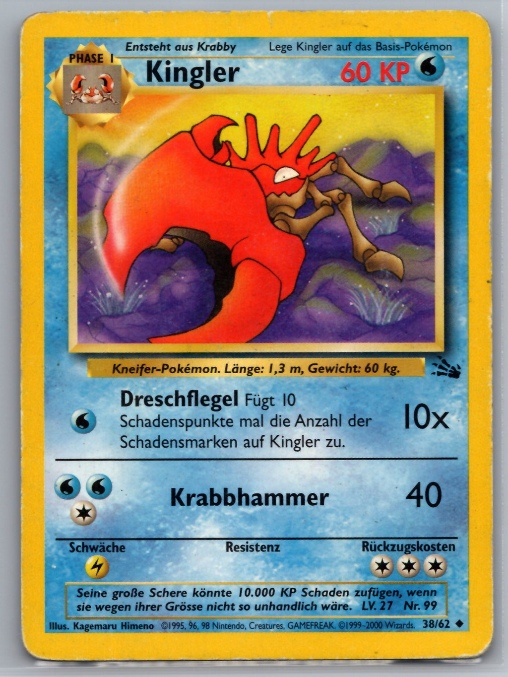 Kingler Unlimited Uncommon Fossil 38/62 NM